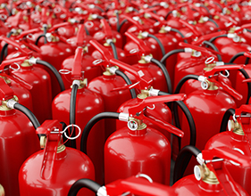 Hundreds of red fire extinguishers